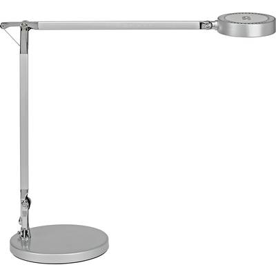Moderní stříbrná stolní lampa s nastavitelným ramenem a kulatou lampovou hlavou.