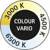 Obrázek zobrazuje diagram barevného spektra s hodnotami teploty 3000 K, 4500 K a 6500 K, označený nápisem 'COLOUR VARIO'.