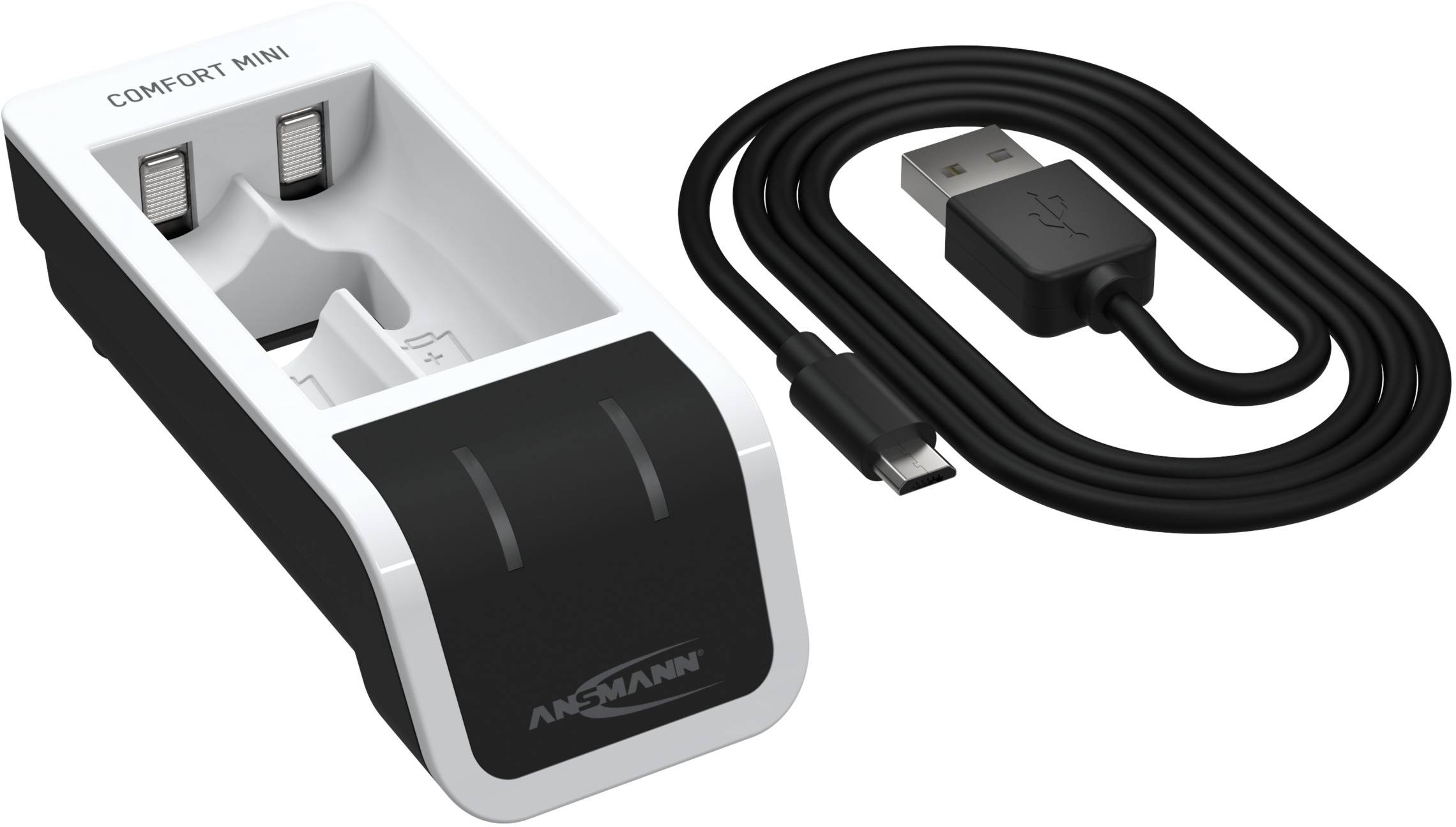 Nabíječka se dvěma sloты pro baterie AAA a AA, vedle ní USB kabel. Nápis „Comfort Mini" a značka „Ansmann".