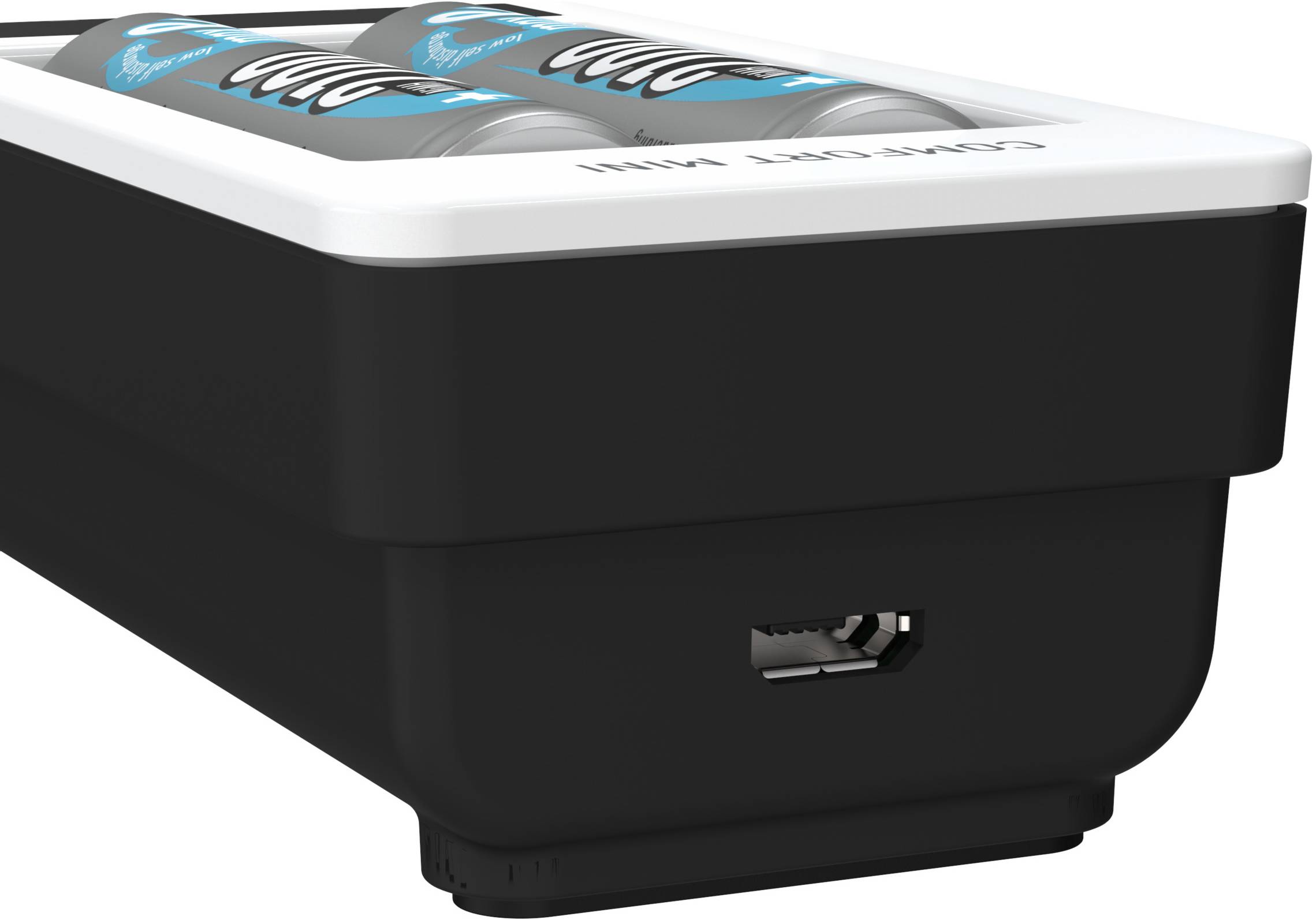 Černé zařízení nabíjí D baterie. Nahoře jsou viditelné čtyři baterie. USB port je umístěn na boku.