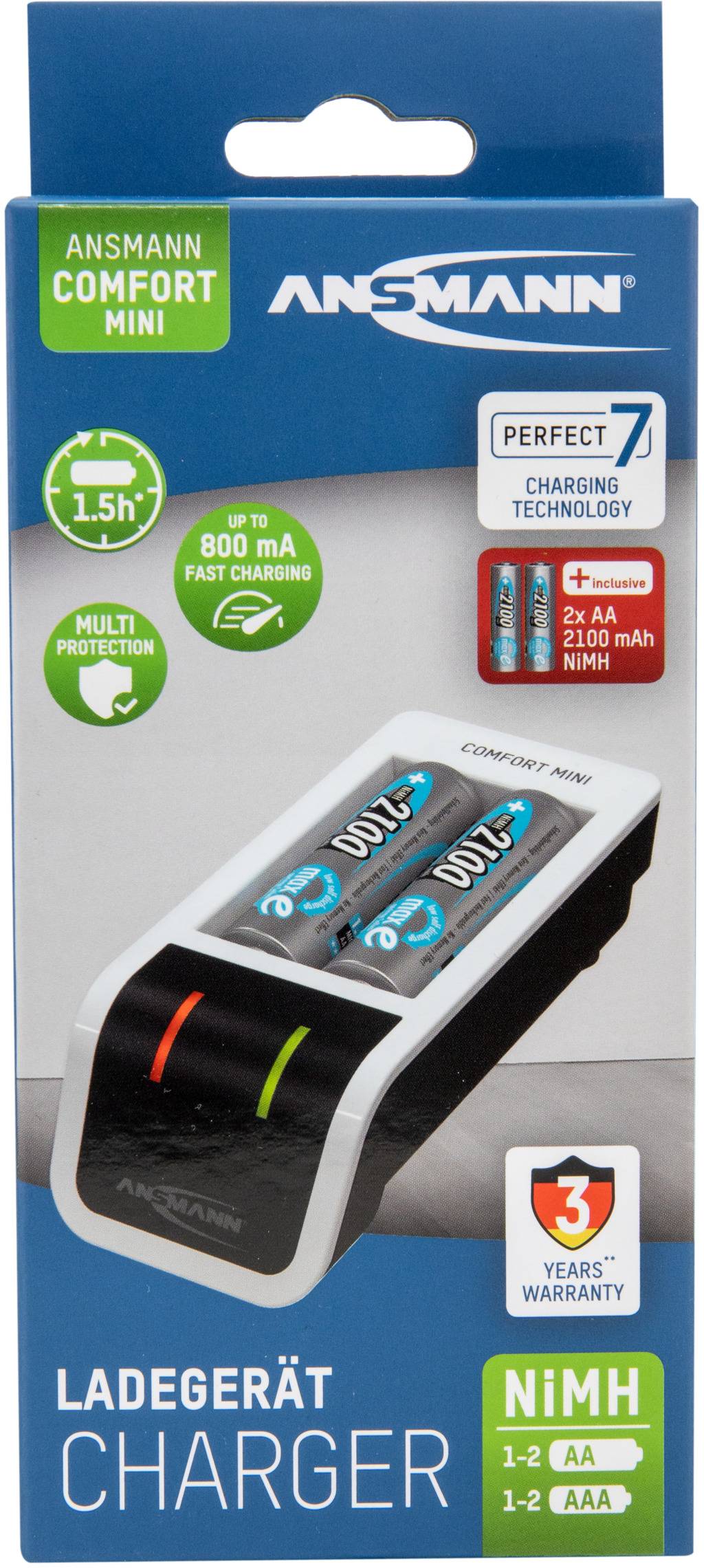 Nabíječka Ansmann Comfort Mini pro NiMH baterie AA/AAA s indikací stavu nabití, nabíjecím proudem 800mA a 3letou zárukou.