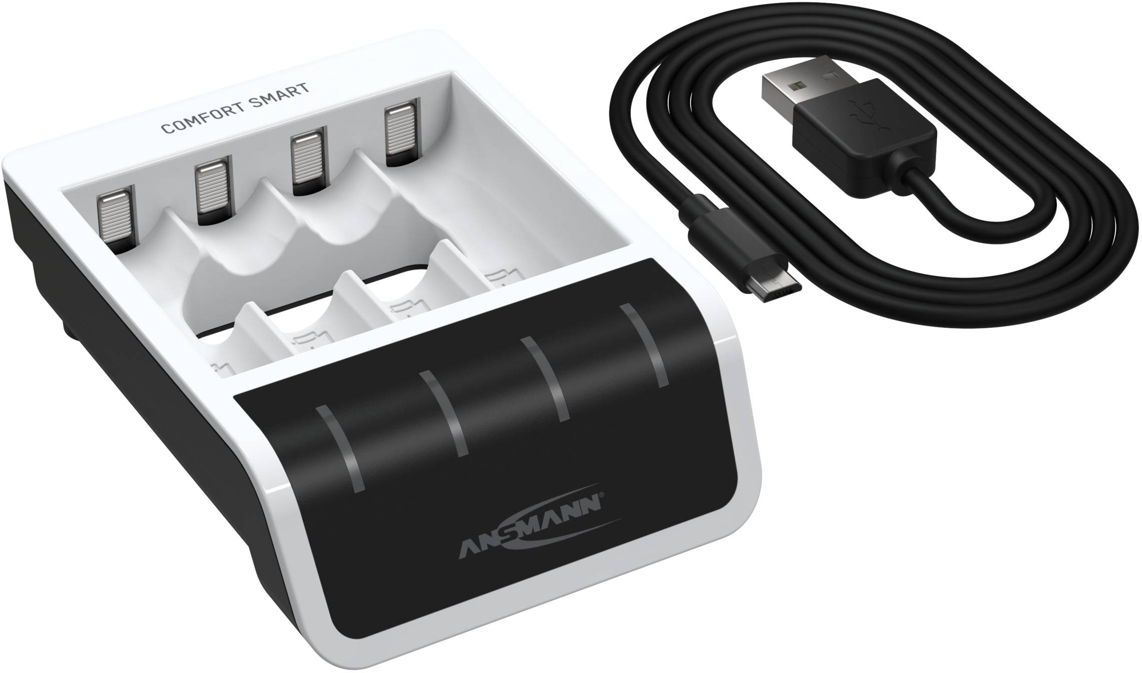 Nabíječka na baterie AA/AAA se čtyřmi nabíjecími místy, USB nabíjecí kabel, černý a bílý design, vhodný pro pohodlné nabíjení.