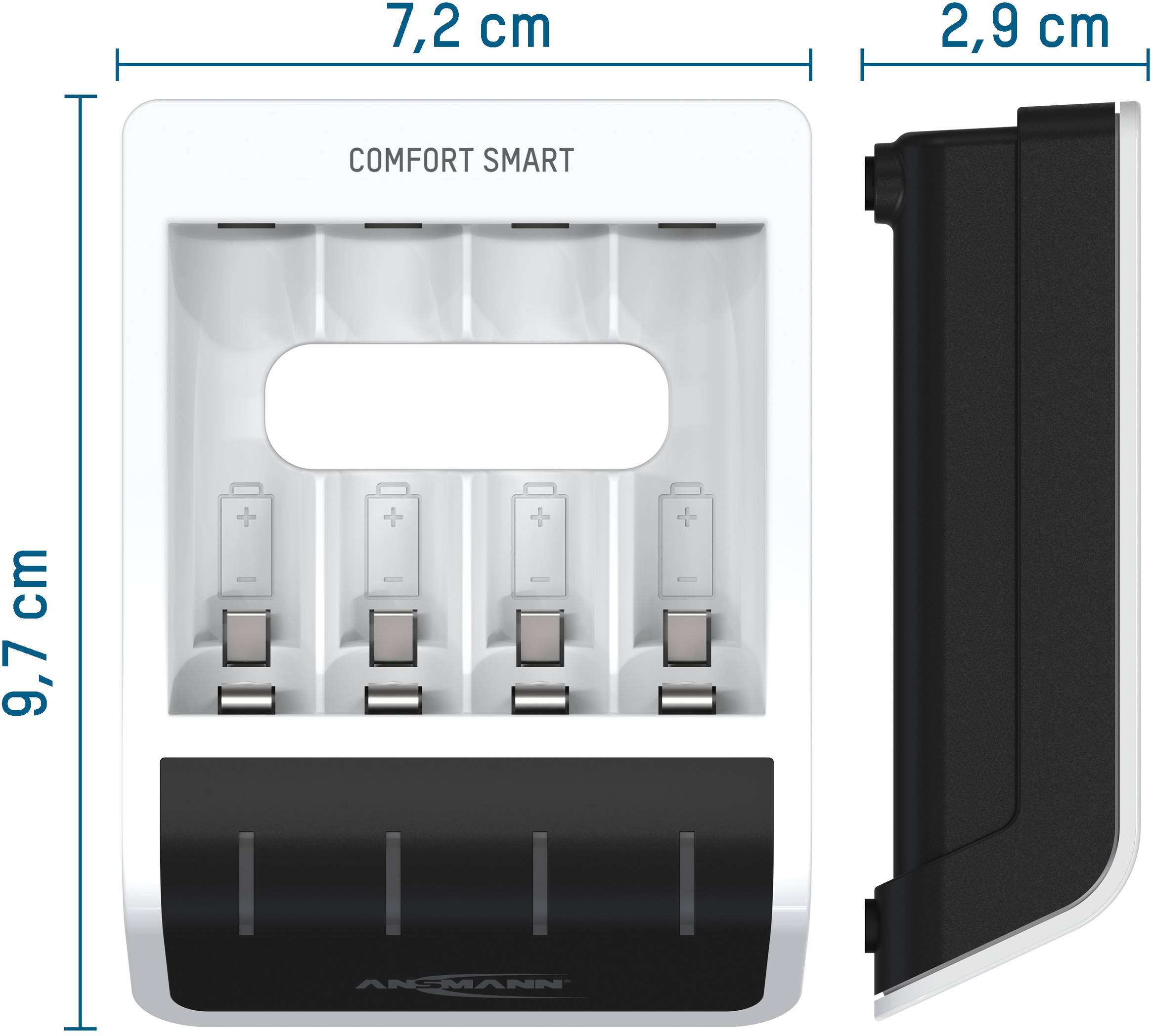 Nabíječka baterií se čtyřmi nabíjecími místy, označení 'COMFORT SMART', rozměry 7,2 cm šířka, 9,7 cm výška, 2,9 cm hloubka.
