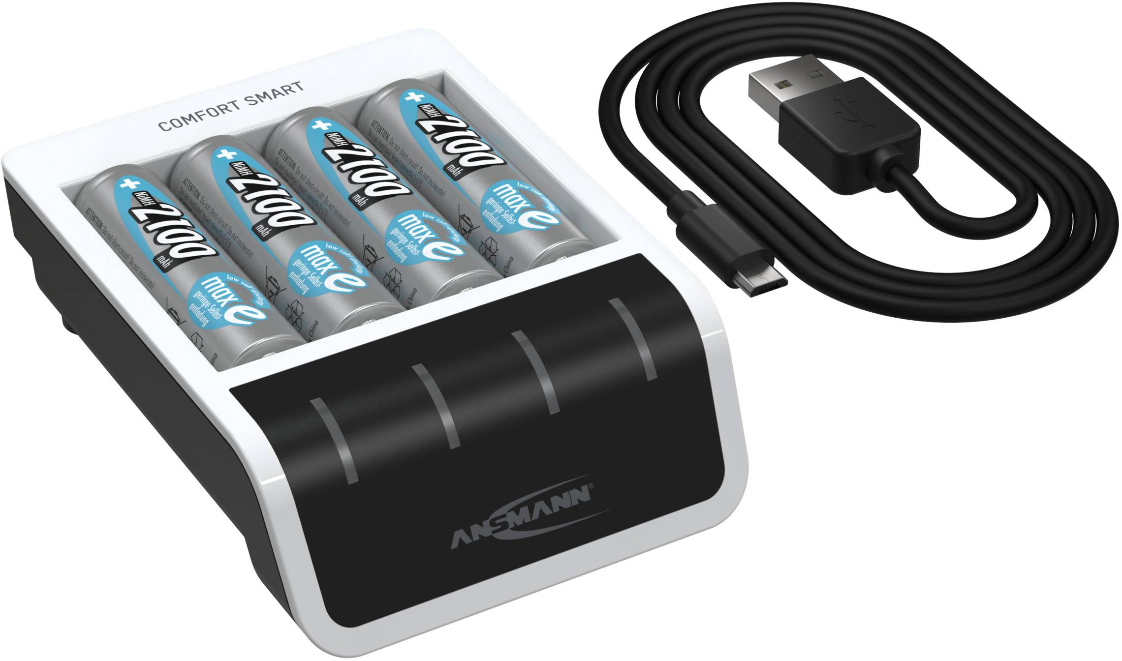 Nabíječka se čtyřmi AA bateriemi a USB propojovacím kabelem, vhodná pro dobíjecí baterie. Rozpoznatelný název značky 'Ansmann'.
