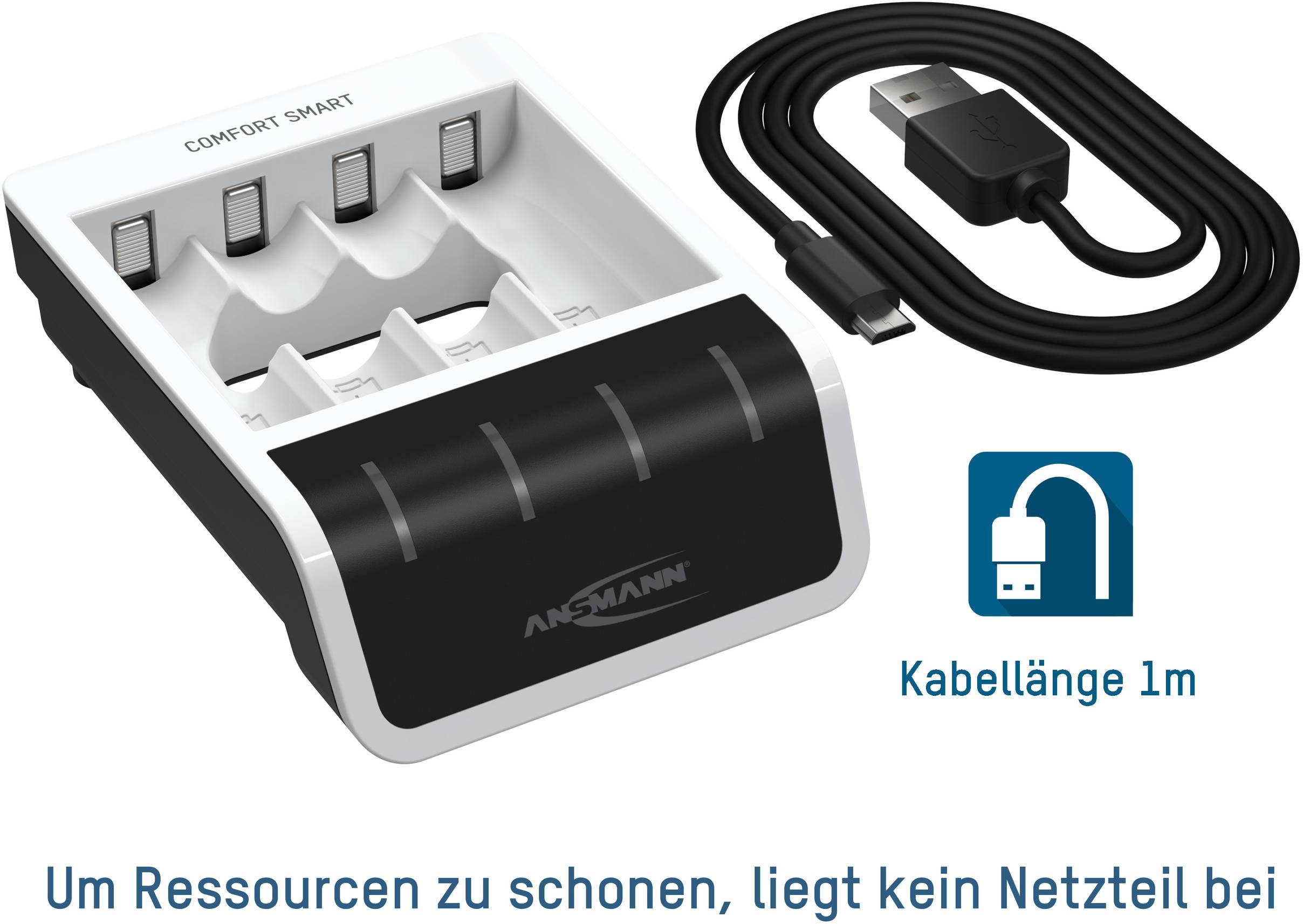 Nabíječka s místem pro čtyři baterie AA/AAA a USB-C kabel. Text: 'Pro úsporu zdrojů není součástí balení síťový adaptér'. Délka kabelu 1m.