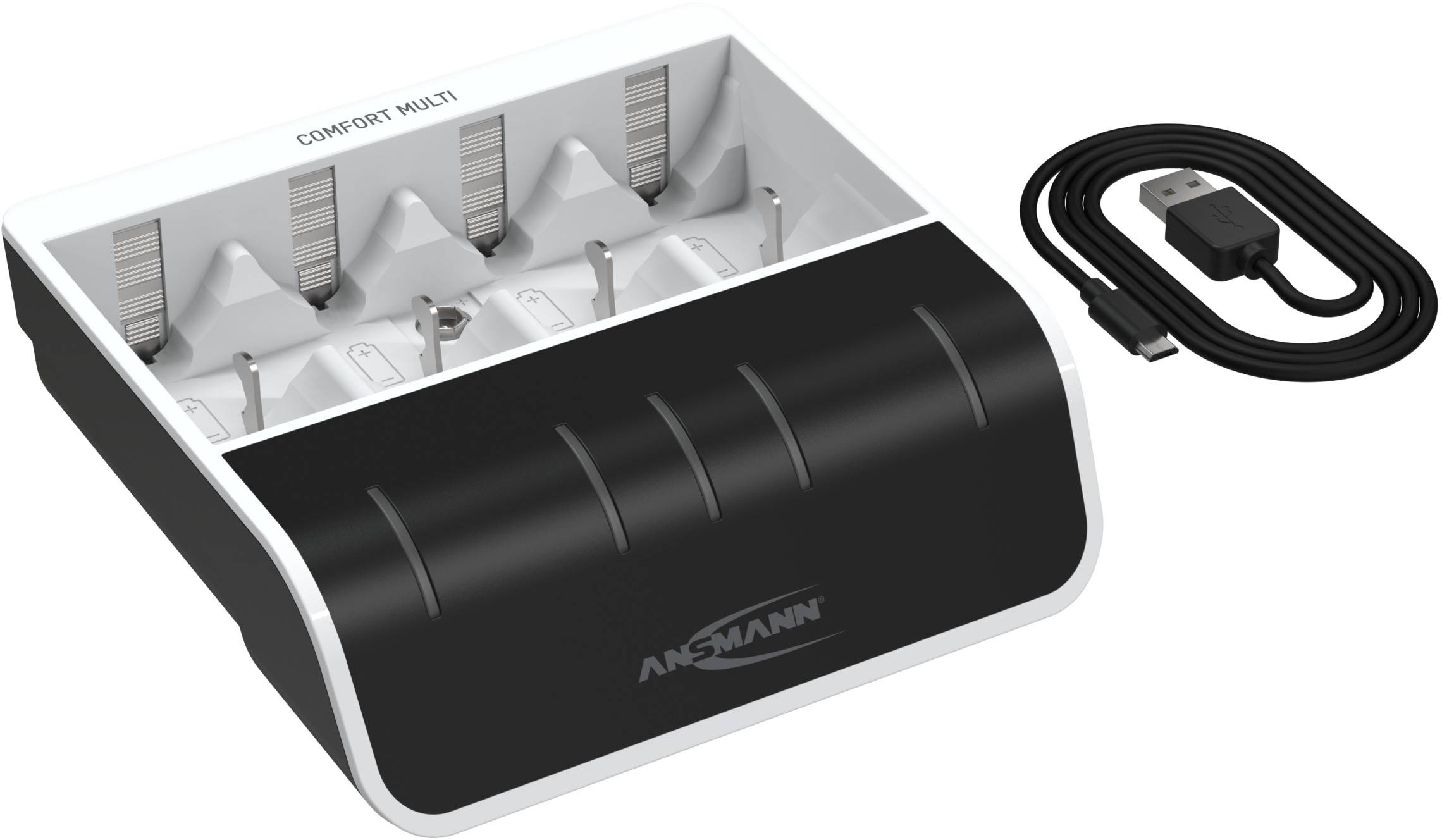 Nabíječka Comfort Multi pro baterie s několika nabíjecími sloты, vedle ní USB kabel.
