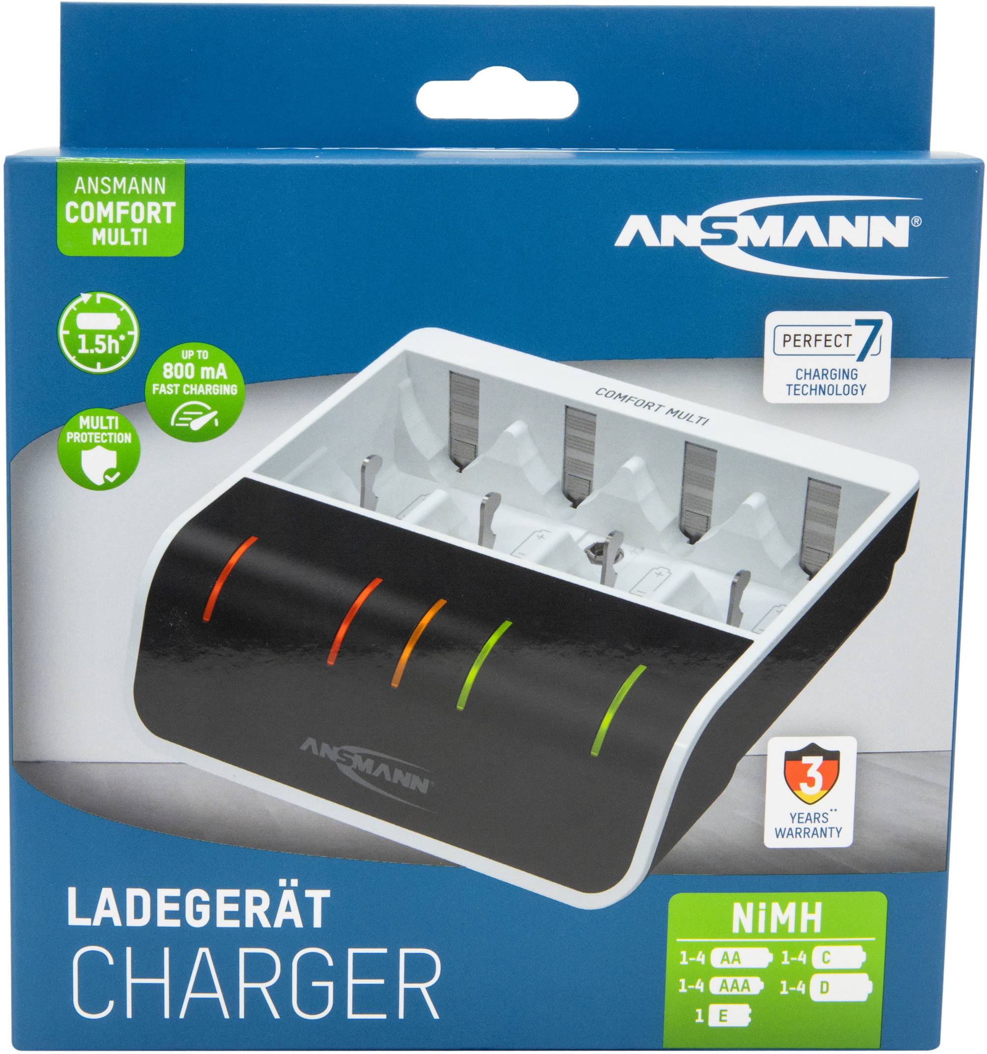 Nabíječka s místem pro 4 AA/AAA baterie, černé provedení, 3letá záruka, rychlé nabíjení, vhodné pro produkty Ansmann.