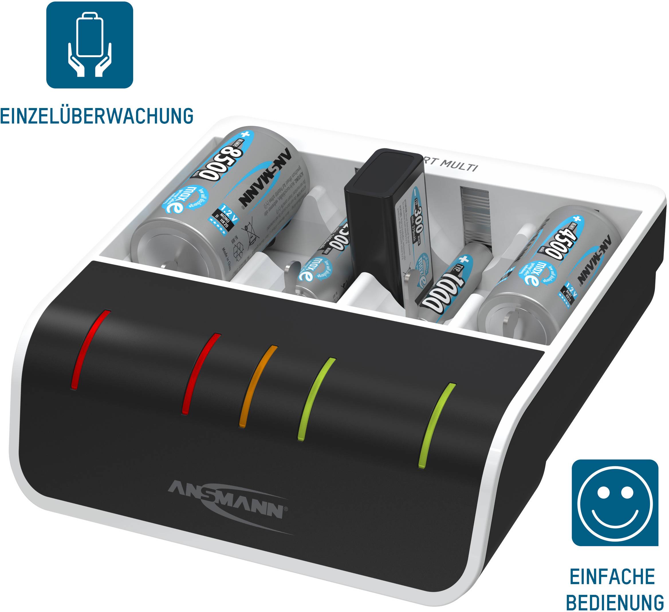 Nabíječka se čtyřmi dobíjecími bateriemi, kontrolními LED indikátory pro monitoring, označená štítky 'Individuální sledování' a 'Snadné ovládání'.