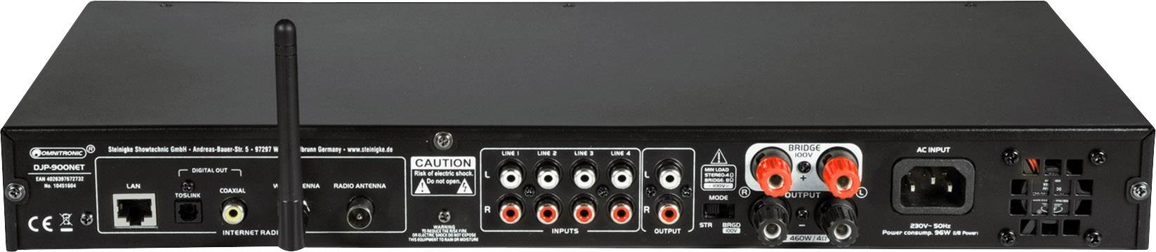 Zadní strana audiozařízení s různými konektory: HDMI, reproduktorové svorky, síťová zásuvka, anténa pro bezdrátové připojení.