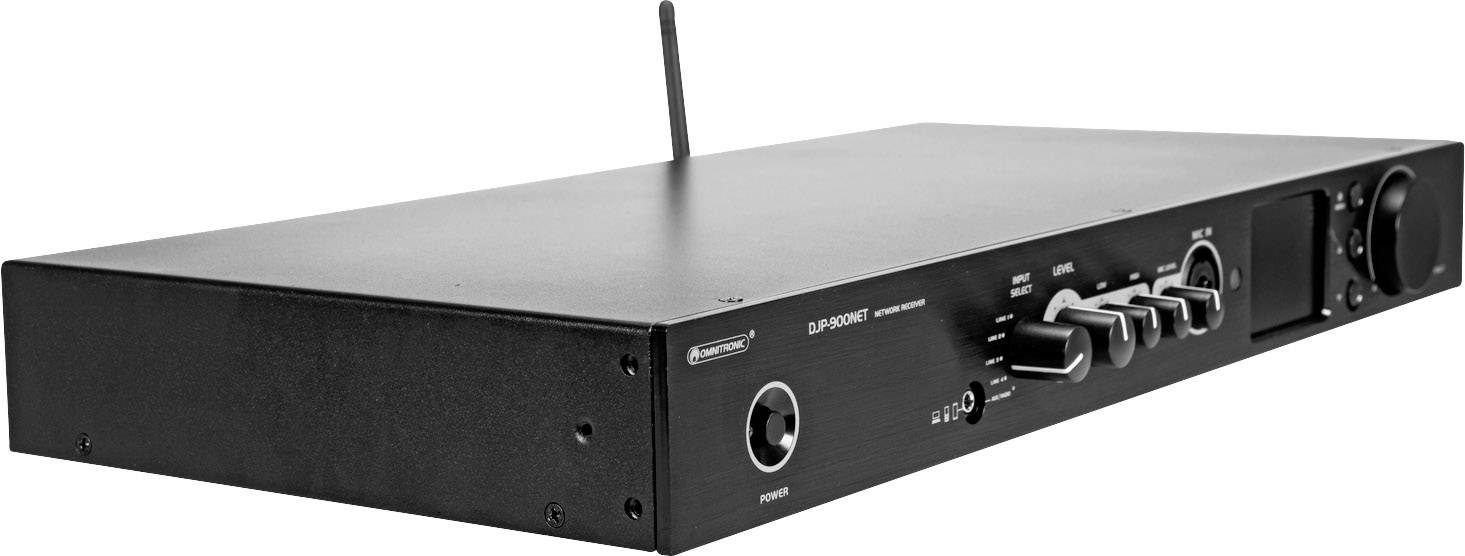 Černý audiovzesilovač s několika ovladači a síťovým vypínačem na přední straně. Anténa je vysunutá nahoru.