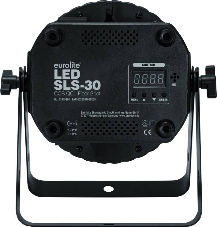 Zadní pohled na reflektor Eurolite LED SLS-30 COB QCL Floor Spot. Zobrazuje ovládací prvky, displej a možnosti připojení.