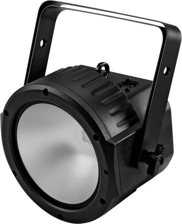 Černý jevištní reflektor s kulatou čočkou a úchytem, vhodný pro osvětlovací techniku při akcích nebo produkcích.