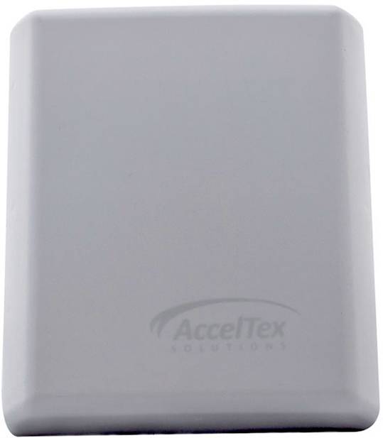Šedé, obdélníkové zařízení s logem společnosti 'AccelTex Solutions' na přední straně, pravděpodobně technický výrobek.