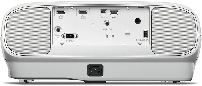 Zadní strana projektoru s konektory: dva HDMI porty, USB port, audio výstup. Nad nimi se nacházejí větrací štěrbiny.