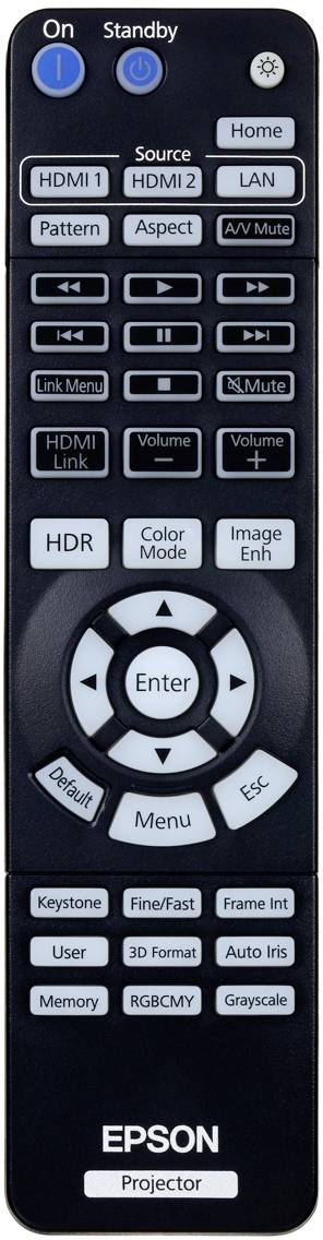 'Dálkový ovladač pro projektor Epson s tlačítky pro HDMI, LAN, hlasitost, ztlumení, HDR a obrazové režimy.'
