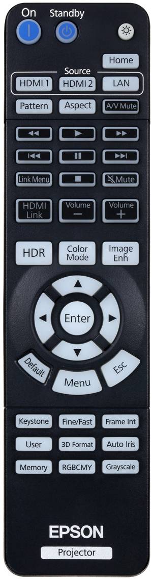 Dálkový ovladač pro projektor Epson s tlačítky pro vstupy HDMI, obrazové režimy, menu a ovládání hlasitosti. Nahoře tlačítka pro 'Zapnuto' a 'Pohotovostní režim'.