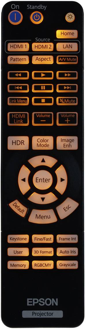 Černé dálkové ovládání s mnoha oranžovými tlačítky, která ovládají funkce jako HDMI, hlasitost, vzor, HDR a barevné vzory.