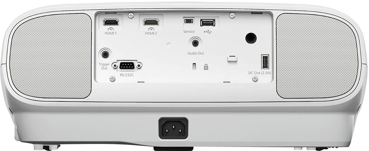 Zadní strana bílého projektoru se dvěma HDMI porty, audio výstupem, USB servisním portem a napájecím konektorem uprostřed.