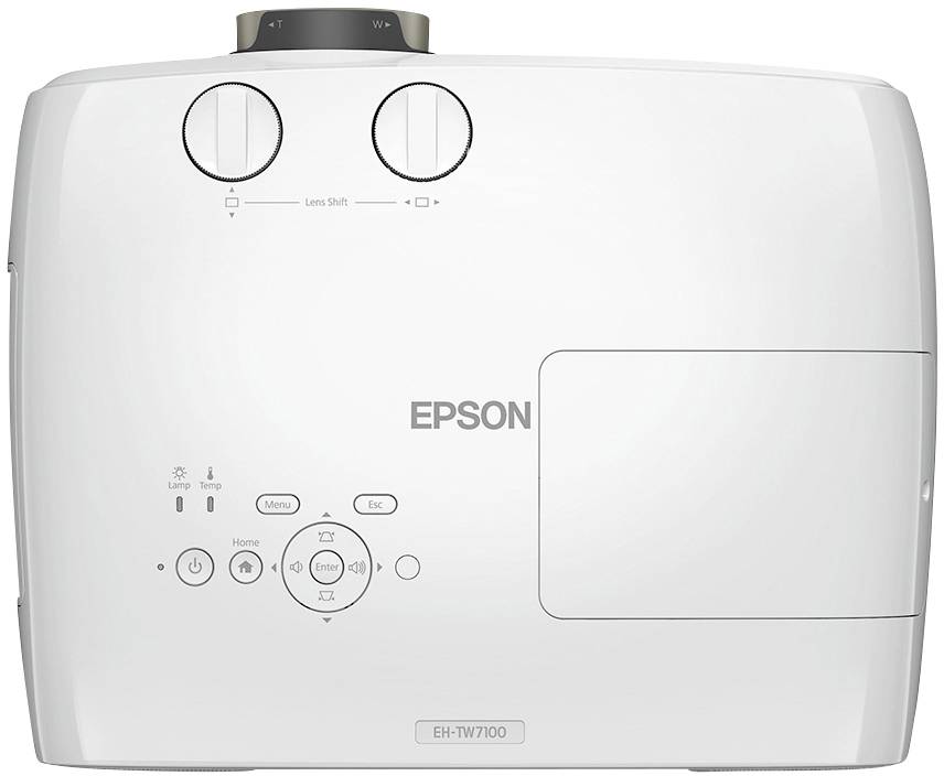 Bílý Epson projektor pohledem shora, s viditelnými ovládacími tlačítky a logem.