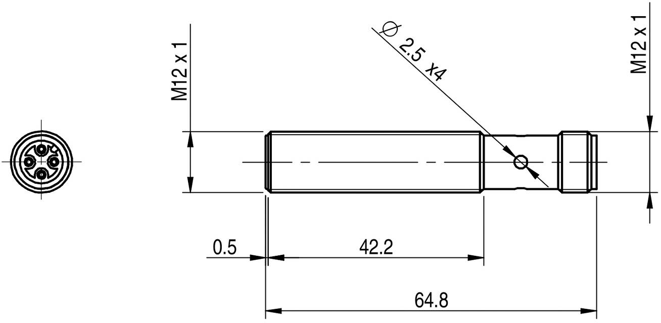 Technický výkres válcového konektoru s rozměry: celková délka 64,8 mm, 4 přípojky o průměru 2,5 mm.