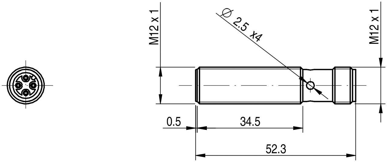 Technický výkres válcového konektoru. Rozměry: délka 52,3 mm, tělo 34,5 mm. Závit M12 x 1.
