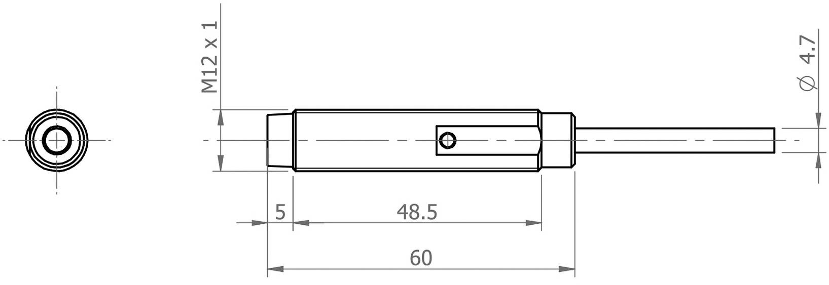 Technický výkres válcového konektoru se závitem M12, délka 60 mm. Znázorňuje boční a horní pohled s kótami.