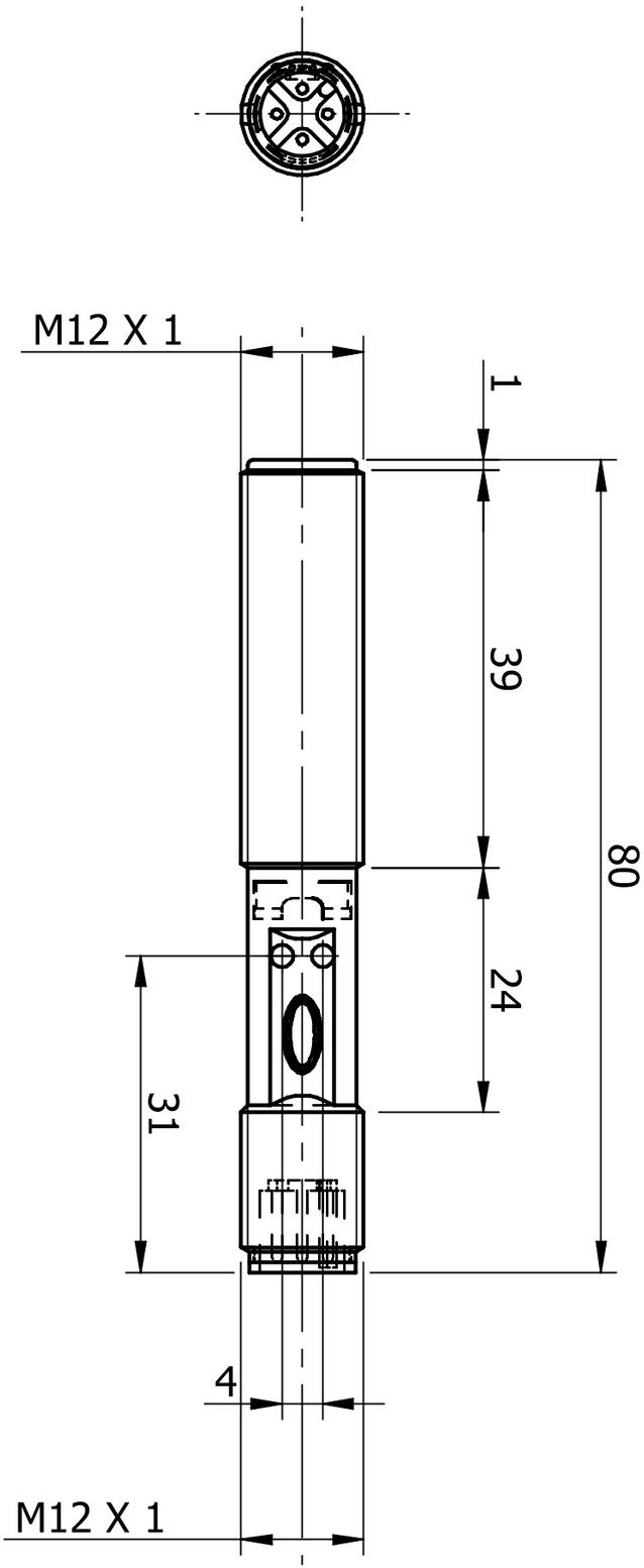 Technický výkres válcového dílu s rozměry: délka 80 mm, dva závity M12 X 1 na koncích, detailní pohled shora.