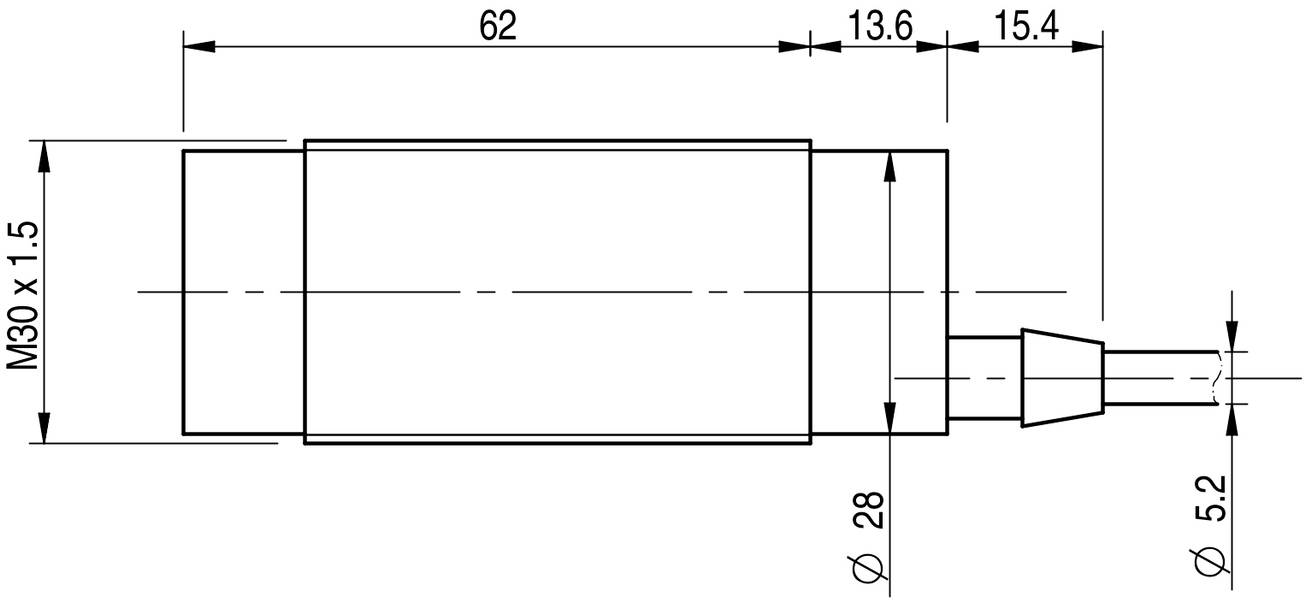 Technický výkres válcového objektu se závitem M30 x 1,5, celková délka 62 mm, průměr 28 mm, připojovací vedení 5,2 mm.