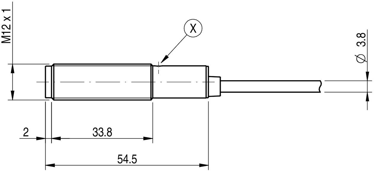 Technický výkres válcového konektoru s rozměry: délka 54,5 mm, průměr 3,8 mm, závit M12x1.