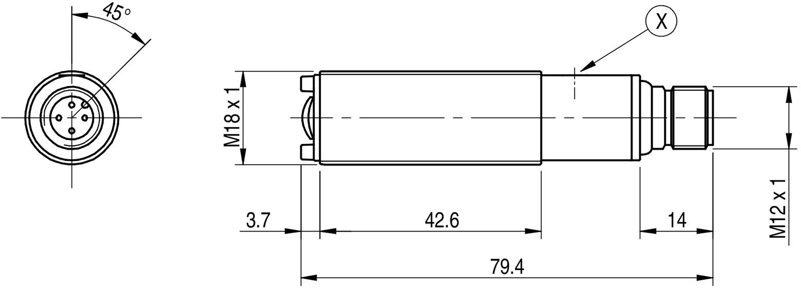 Technický výkres válcové elektronické součástky s rozměry: celková délka 79,4 mm, průměr M18 x 1.