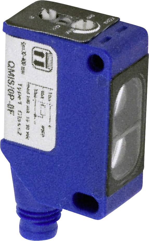 Modrý pravoúhlý senzor s etiketou a konektorem. Používá se v automatizovaných systémech pro detekci objektů.