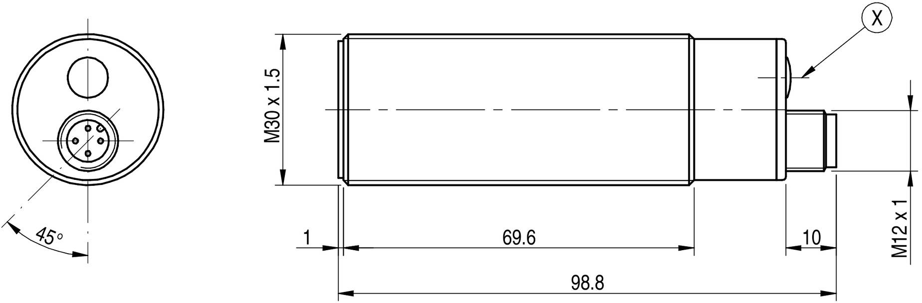 Technický výkres válcového senzoru s rozměry: celková délka 98,8 mm, závit M30 x 1,5 a konektor M12 x 1.