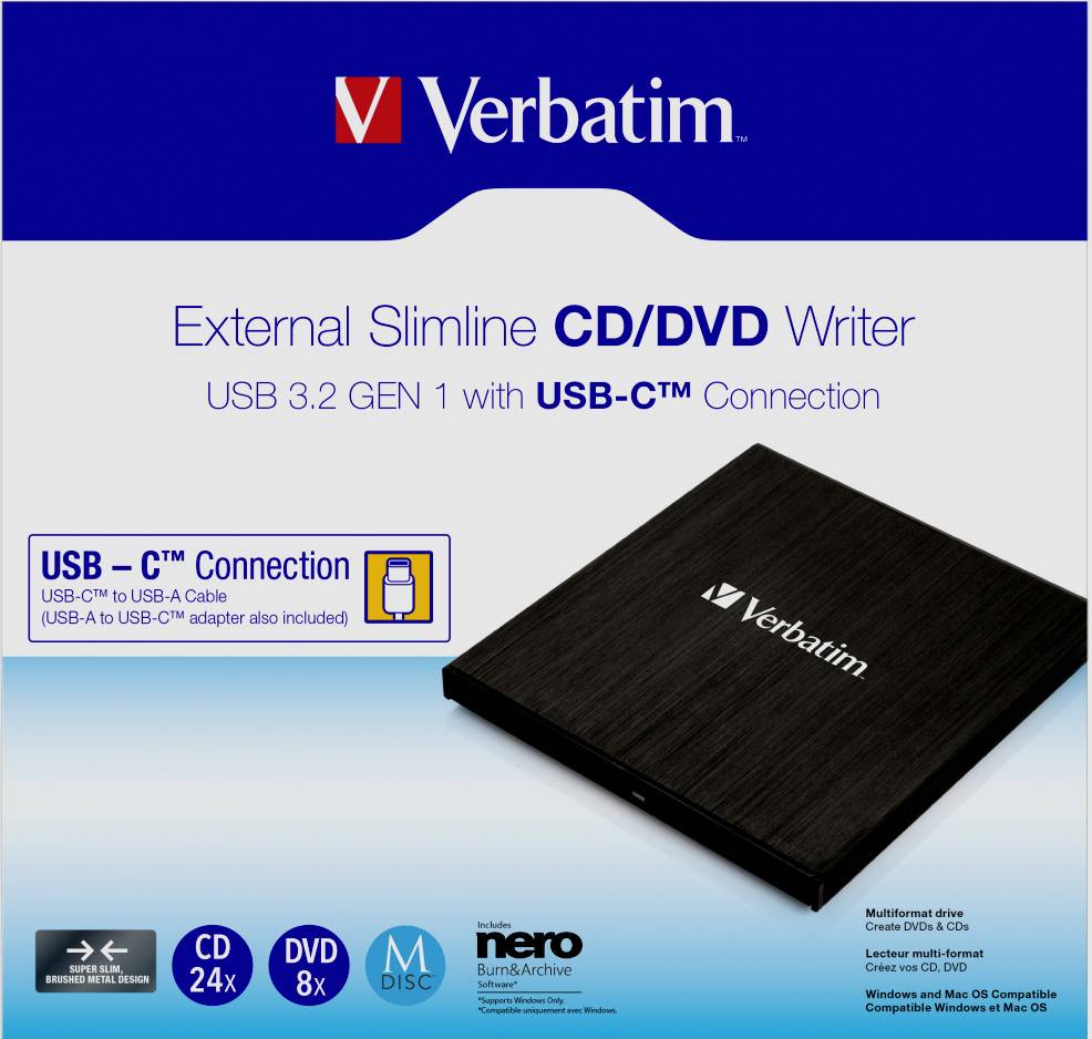 Externí slim CD/DVD mechanika Verbatim s připojením USB-C, kompatibilní s Windows a Mac. Součástí balení je kabel USB-C.