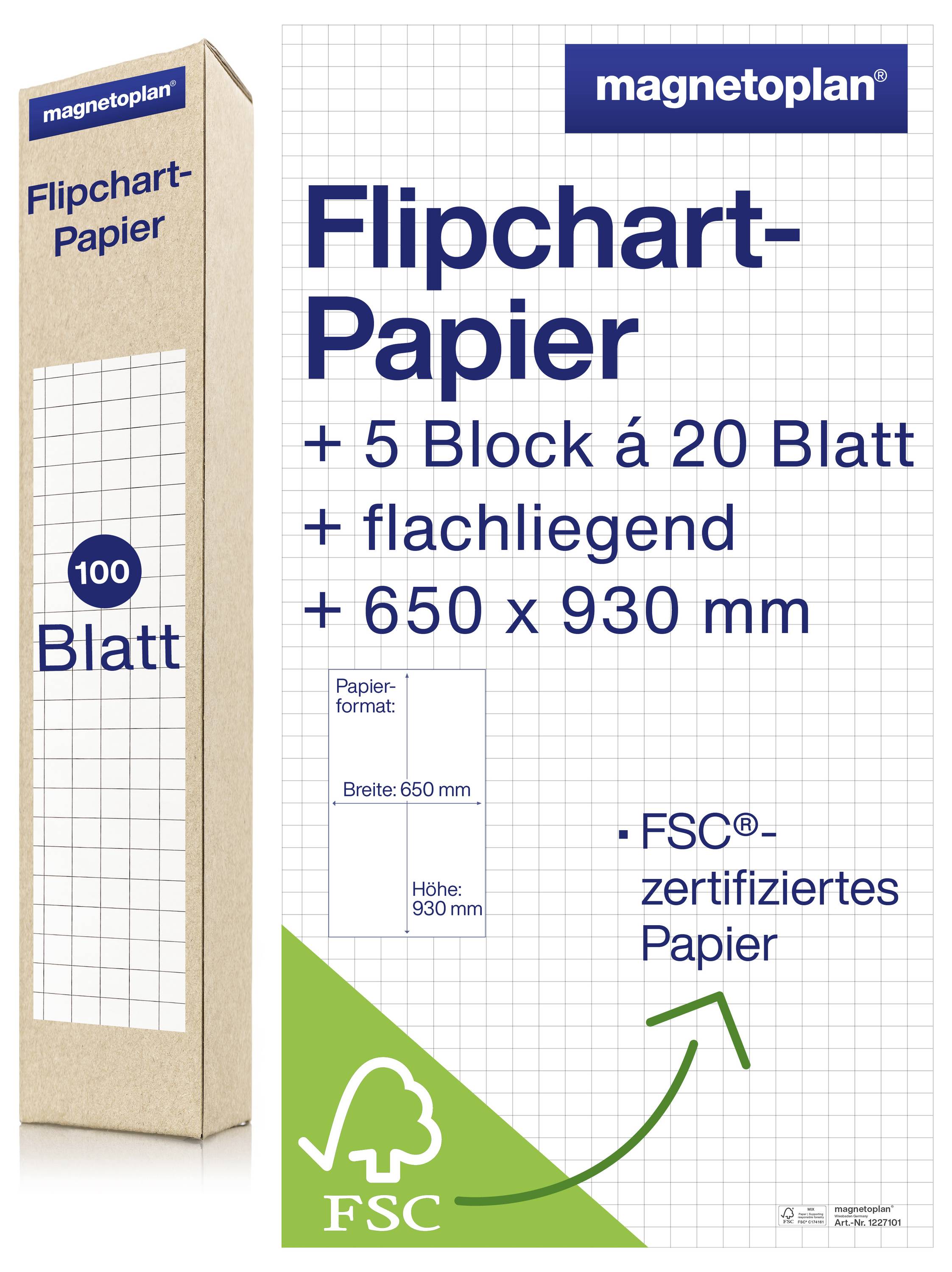 Flipchartový papír v balení: 5 bloků po 20 listech, ploché, formát 650x930mm, certifikace FSC, značka magnetoplan.