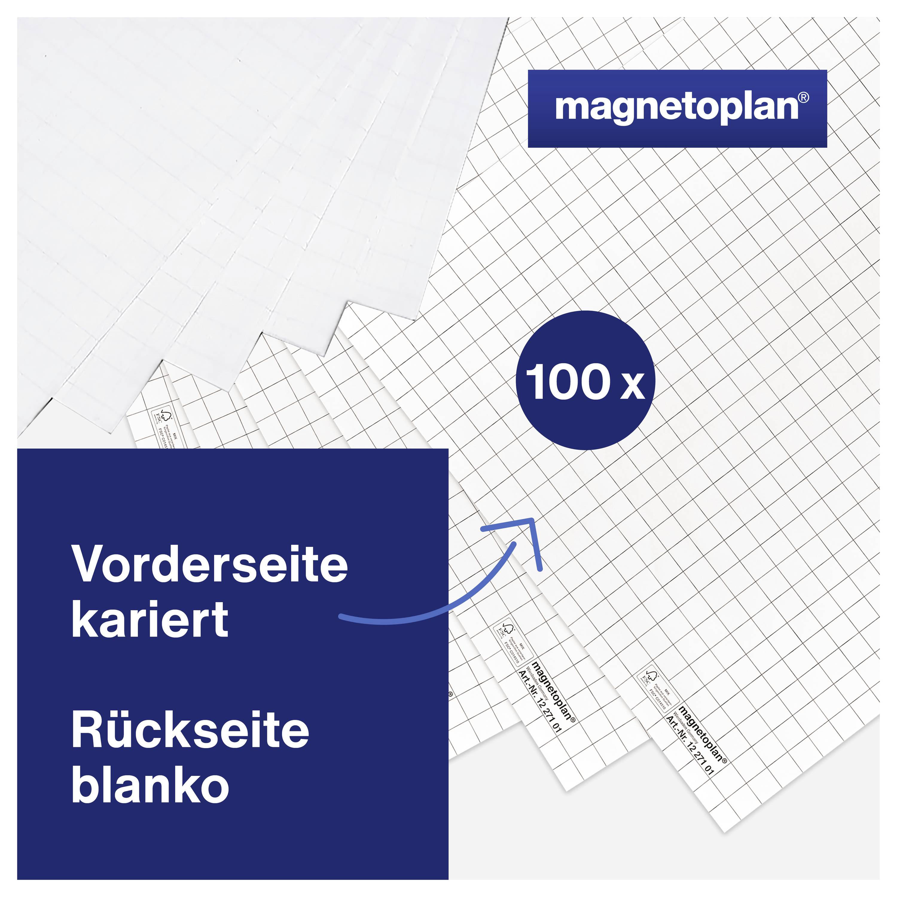 Magnetoplan 100 čtverečkovaných listů, přední strana čtverečkovaná, zadní strana prázdná, zobrazeno v modré a bílé barvě.