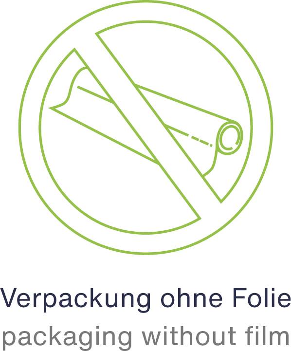 "Obal bez fólie" je uveden v kruhu s přeškrtnutým symbolem fólie. Text: "Obal bez fólie, packaging without film".