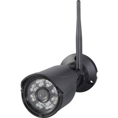 Černá bezpečnostní kamera s anténou a LED světly pro noční vidění, umístěná na bílé stěně a natočená do strany.