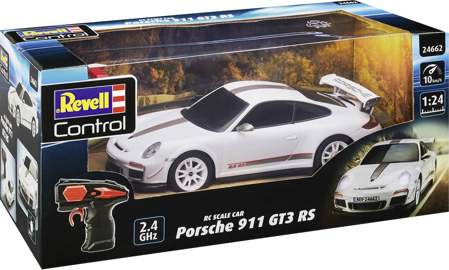 Balení dálkově ovládaného modelu auta 'Porsche 911 GT3 RS' v měřítku 1:24. Obsahuje auto a ovladač. Značka: Revell.