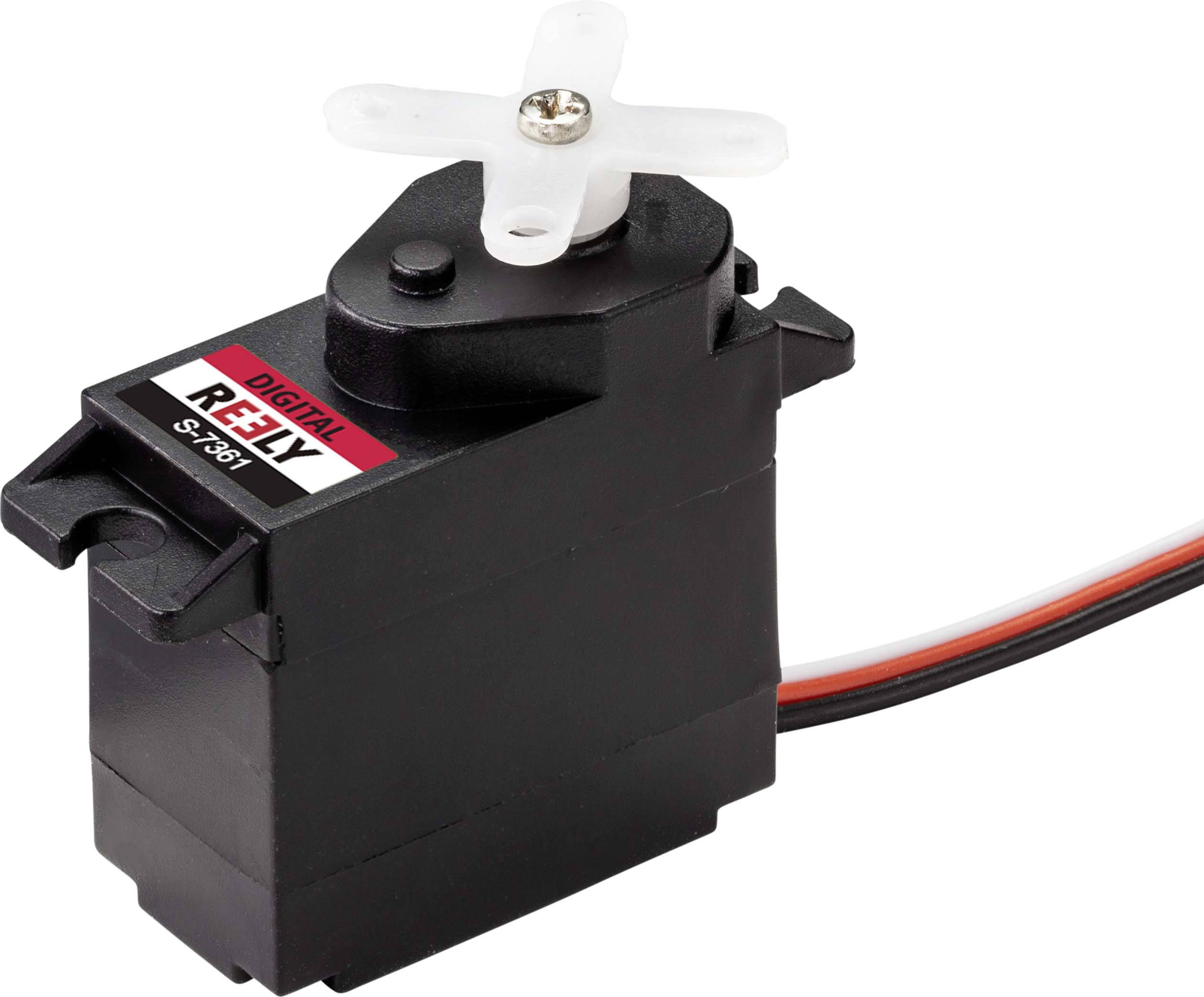 Černý digitální servomotor s označením 'Digital Rely ST-965' s malým ozubeným kolečkem nahoře a připojeným kabelem.
