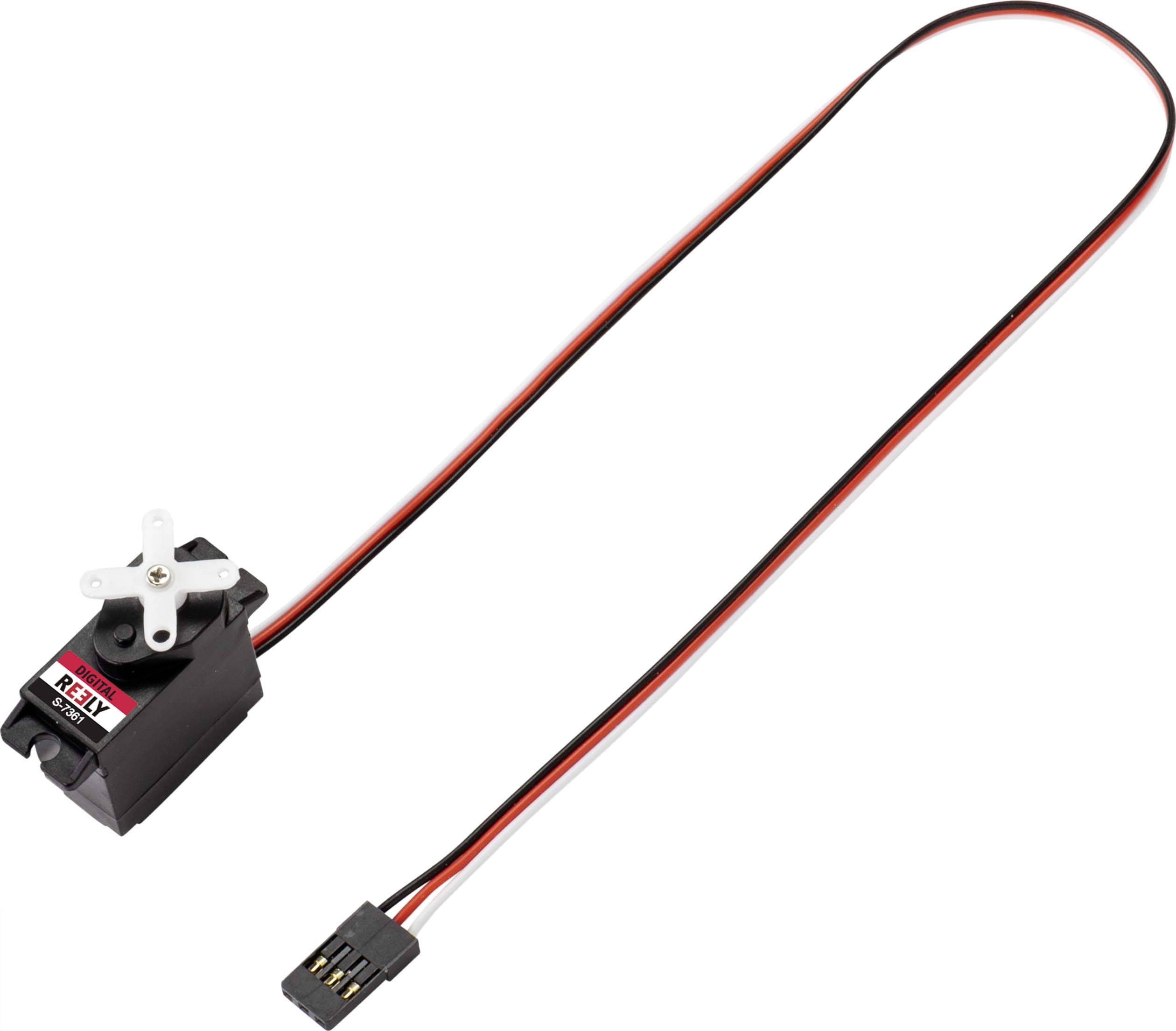 Malý černý servomotor s dlouhým červeno-černým kabelem a konektorem.