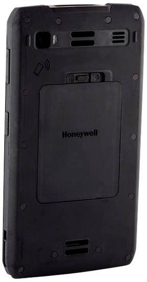 Černé, stabilní ruční zařízení od společnosti Honeywell s různými konektory a větracími otvory na zadní straně.