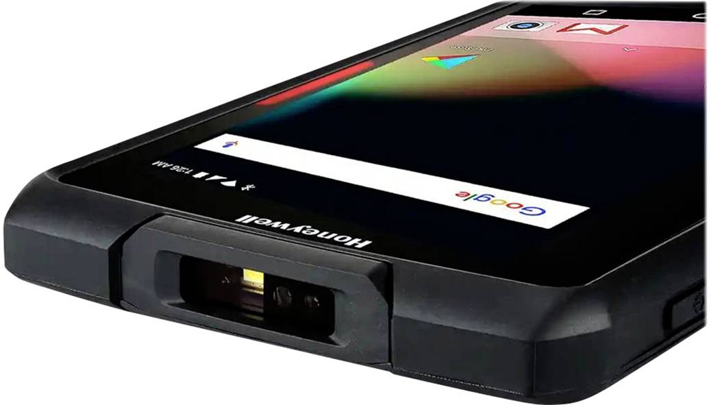 Robustní smartphone s velkým displejem a scannerem na spodní straně, vhodný pro průmyslové aplikace nebo venkovní použití.