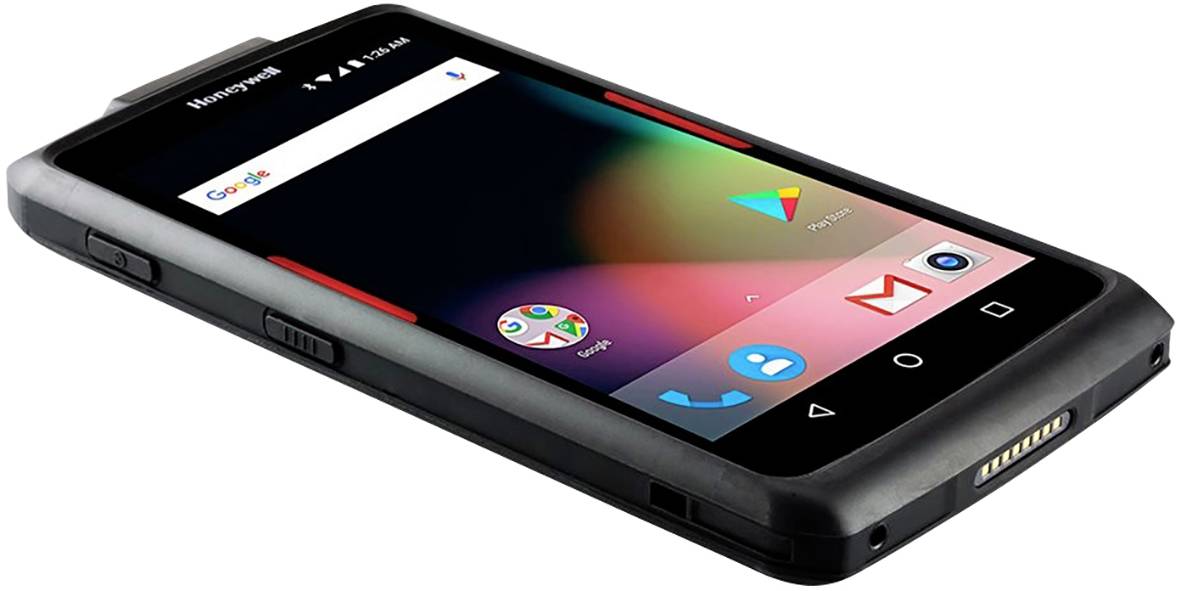 Robustní smartphone s černým tělem a operačním systémem Android, na obrazovce jsou viditelné ikony aplikací.