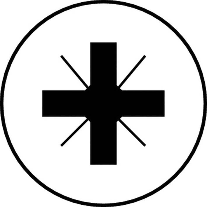 Černý kříž se čtyřmi diagonálními čárami v kruhu na bílém pozadí. Symbol první pomoci nebo záchranné služby.