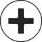 Černené plus v kruhu na bílém pozadí symbolizuje lékařský nebo matematický kontext.