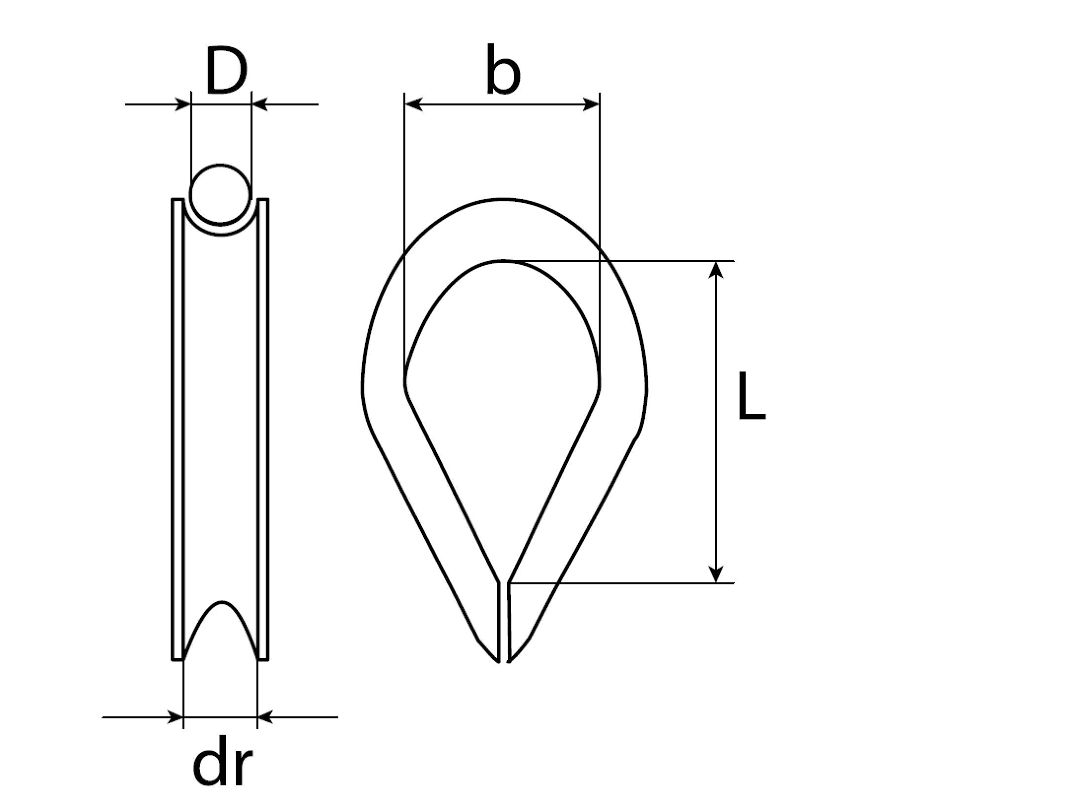 Diagram znázorňuje náprstek s rozměry: průměr (D), šířka (b), průměr otvoru (dr) a délka (L).