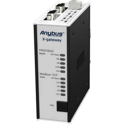 Anybus X-gateway pro propojení sítí PROFIBUS a Modbus-TCP, zobrazující různé stavové indikátory a přípojky na přední straně.