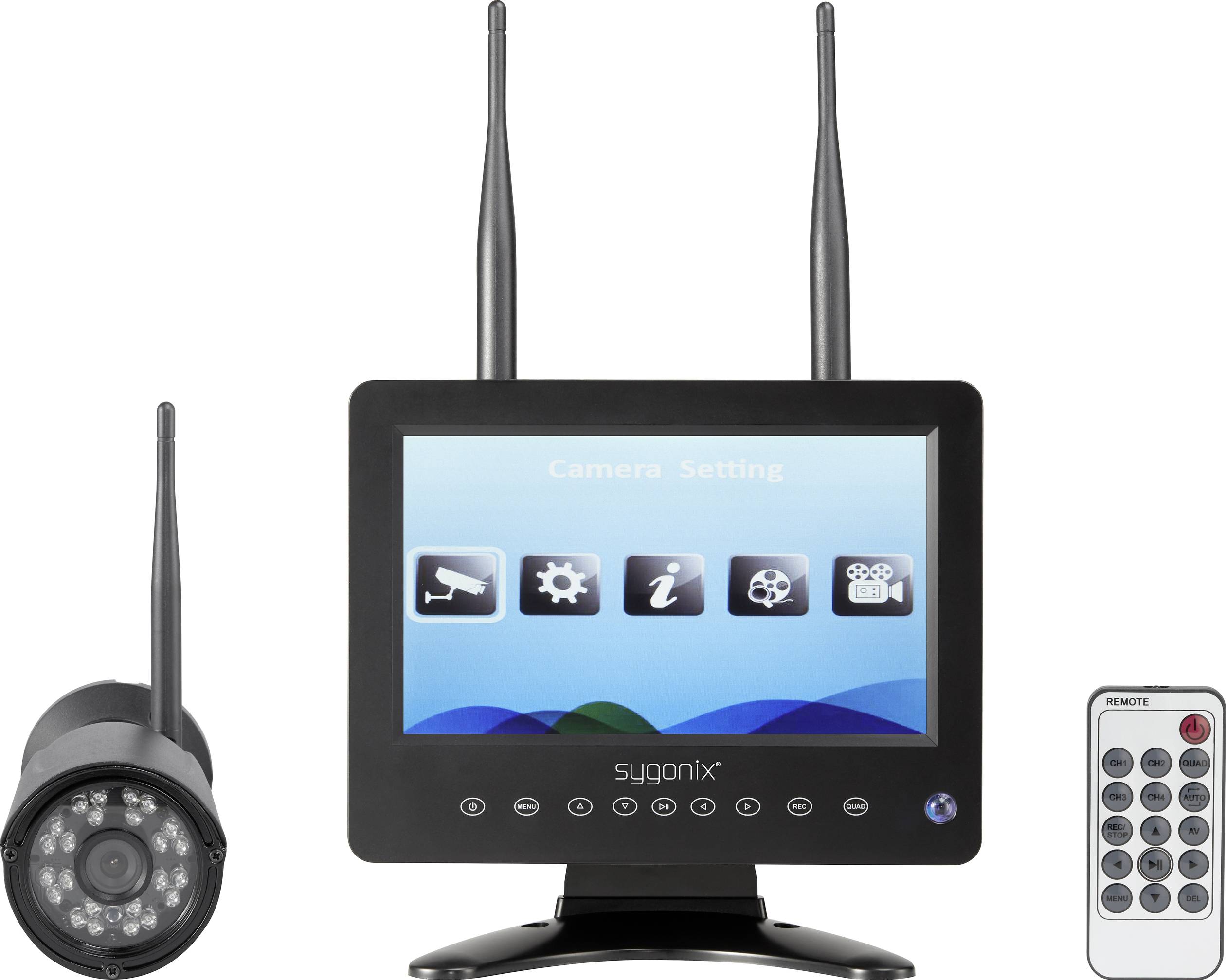 Bezdrátový kamerový sledovací systém s monitorem, kamerou a dálkovým ovládáním. Monitor zobrazuje menu se symboly pro nastavení.