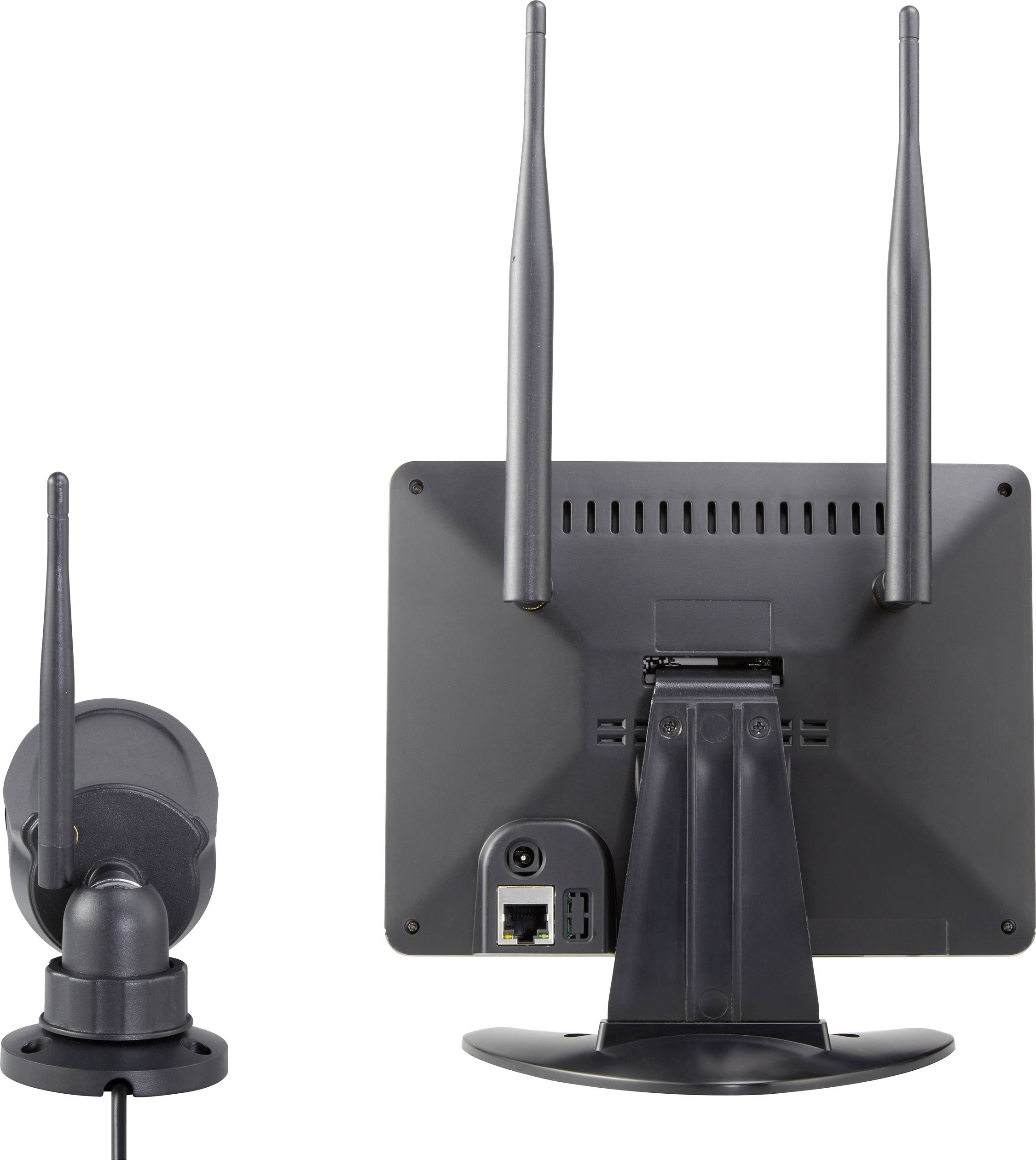 Bezdrátová bezpečnostní kamera s monitorem. Kamera je vybavena anténou pro přenos signálu. Monitor zobrazuje připojení na zadní straně.