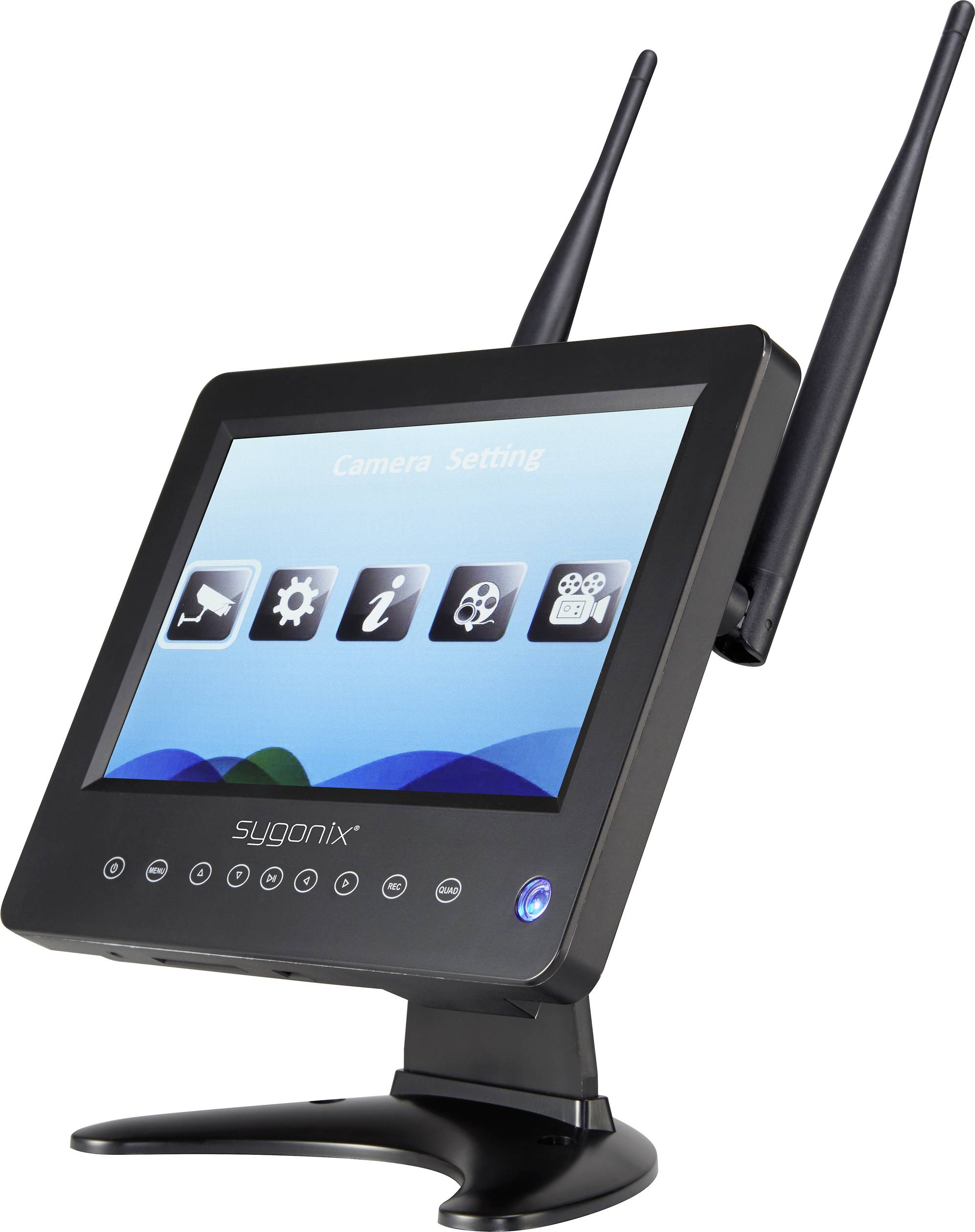 Monitor se dvěma anténami zobrazuje modré obrazovkové menu se šesti symboly. Nahoře je text 'Camera Setting'.